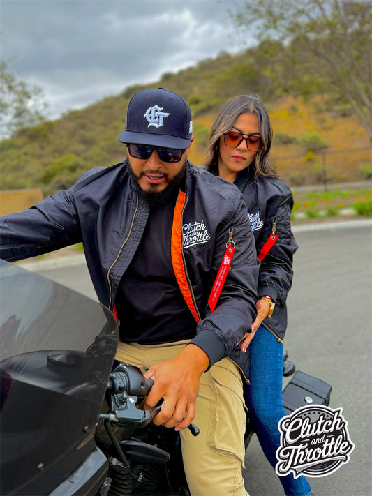 Classic Script MA-1 Bomber Jacket in black for riding motorcycles in style