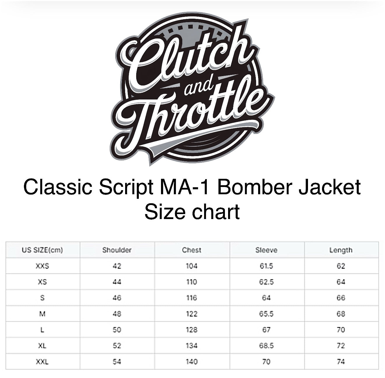 Classic Script MA-1 Bomber Jacket size chart