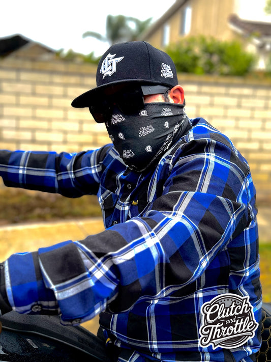 Protect your face with our Black Classic Script Paisley neck gaiter. This is the perfect face covering when riding with a half-shell and shades!