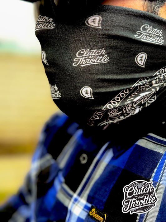Protect your face with our Black Classic Script Paisley neck gaiter. This is the perfect face covering when riding with a half-shell and shades!
