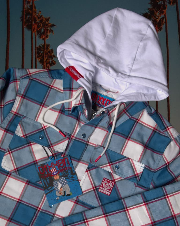 The Neighbothood Hooded Flannel Jacket Deebo Red white and Blue