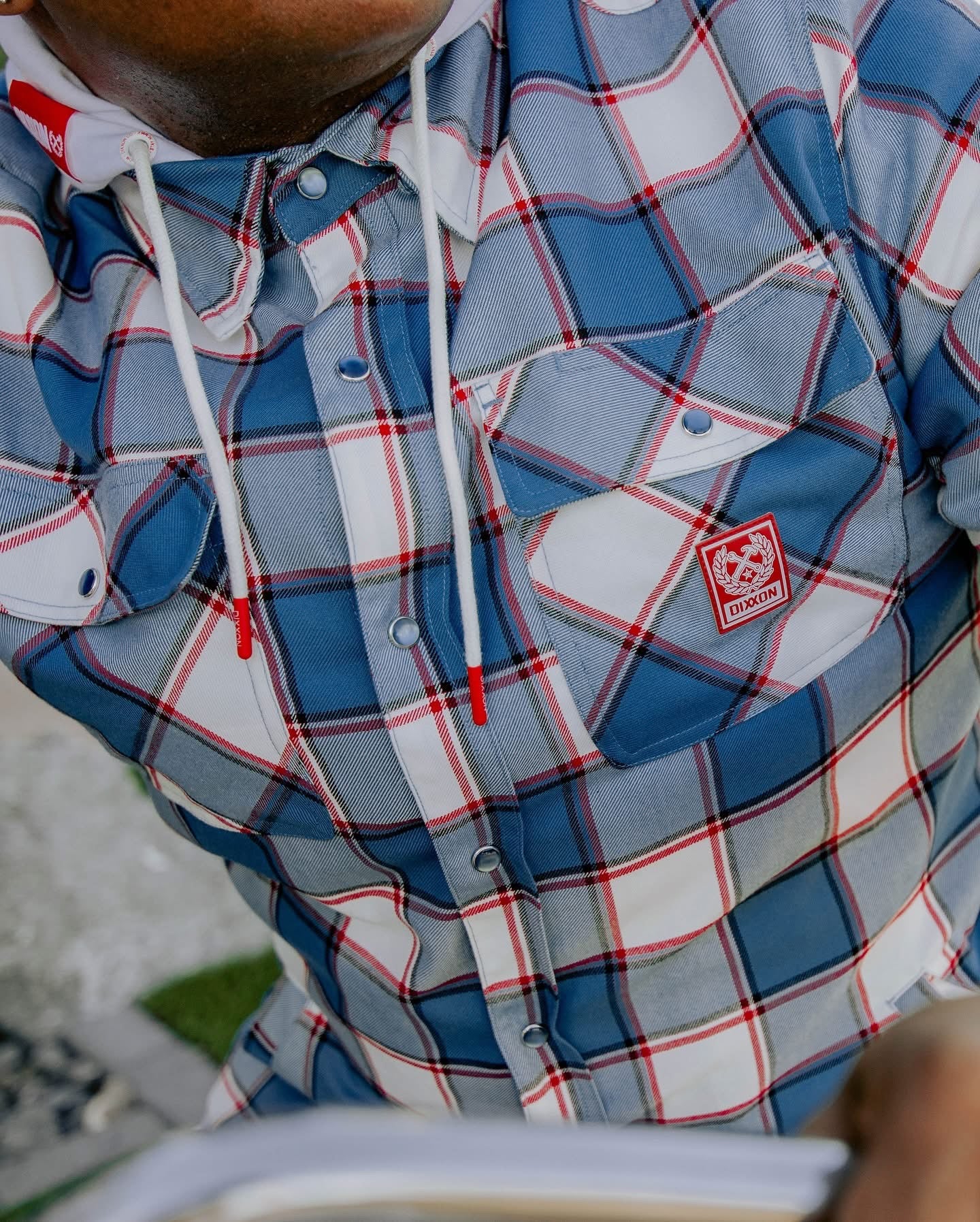 The Neighbothood Hooded Flannel Jacket Deebo Red white and Blue