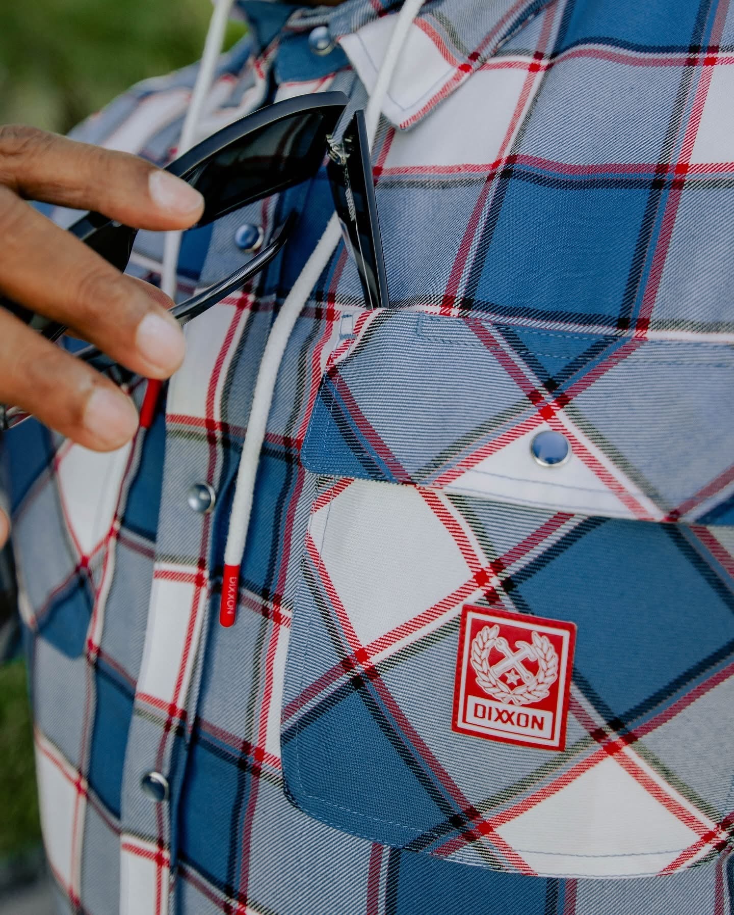 The Neighbothood Hooded Flannel Jacket Deebo Red white and Blue