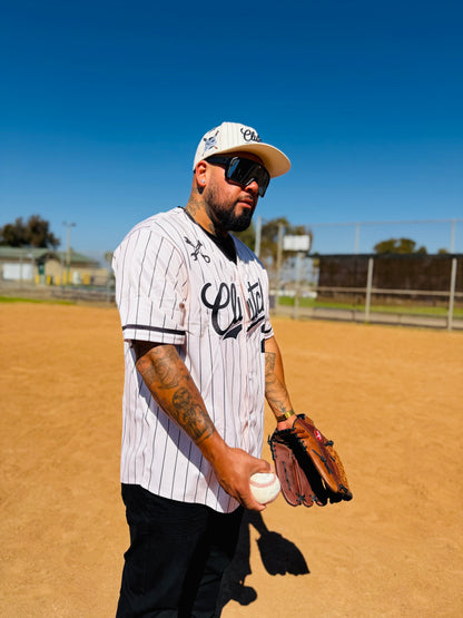 The OG Slugger Pinstriped Baseball Jersey (Off-White/Black)