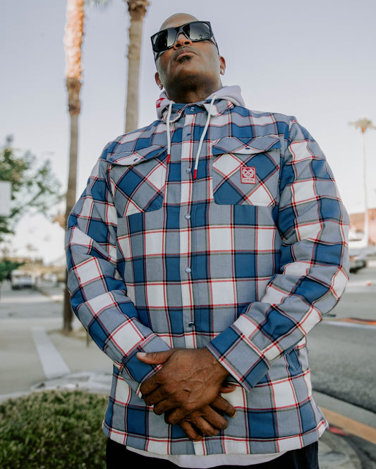 The Neighbothood Hooded Flannel Jacket Deebo Red white and Blue