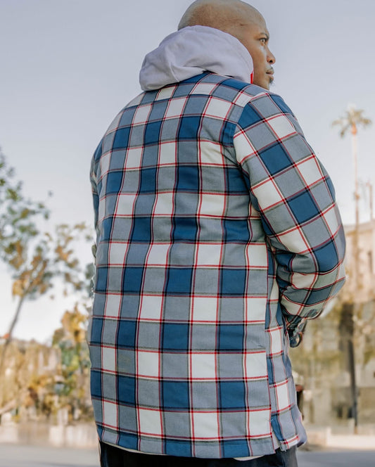The Neighbothood Hooded Flannel Jacket Deebo Red white and Blue
