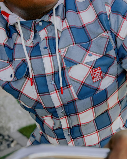 The Neighbothood Hooded Flannel Jacket Deebo Red white and Blue